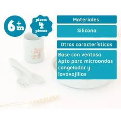 Vajilla de silicona bebé Kiokids con ventosa – Set plato, vaso y cubiertos