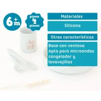 Vajilla de silicona bebé Kiokids con ventosa – Set plato, vaso y cubiertos
