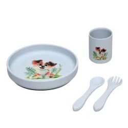 Vajilla de silicona bebé Kiokids con ventosa – Set plato, vaso y cubiertos