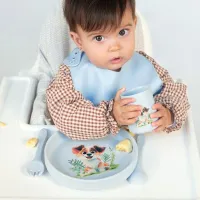 Vajilla de silicona bebé Kiokids con ventosa – Set plato, vaso y cubiertos