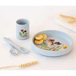 Vajilla de silicona bebé Kiokids con ventosa – Set plato, vaso y cubiertos