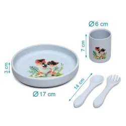 Vajilla de silicona bebé Kiokids con ventosa – Set plato, vaso y cubiertos