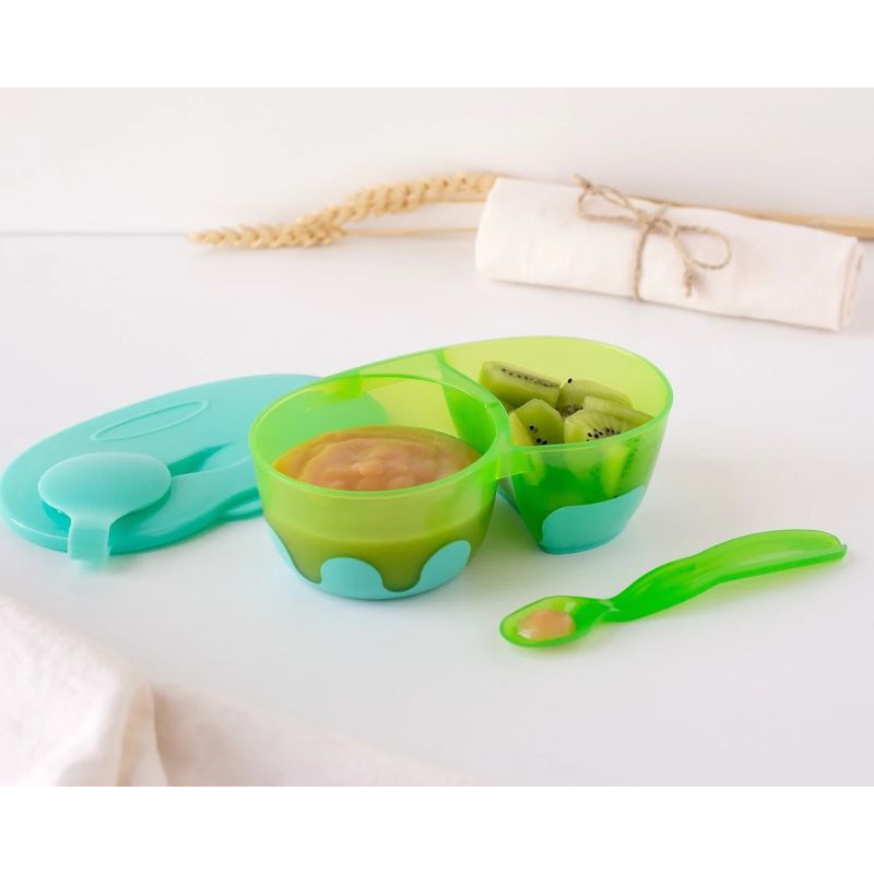 Kiokids Cuenco doble antideslizante con tapa y cuchara Azul